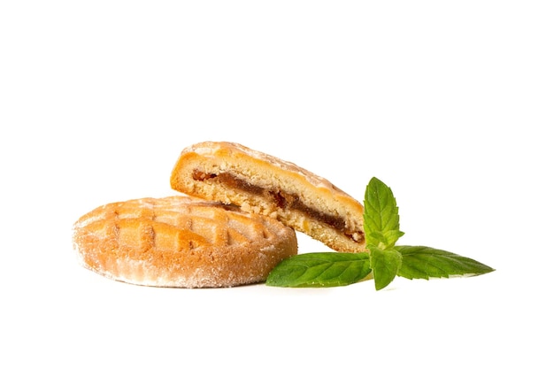 Beautiful dessert strudel cookies with apple jam and cinnamon on a white background