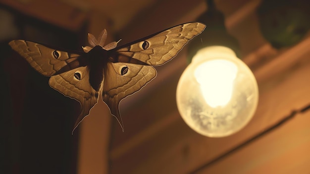 A beautiful detailed closeup photo of a large brown moth with outspread wings perched on a delicate branch against a soft blurry background