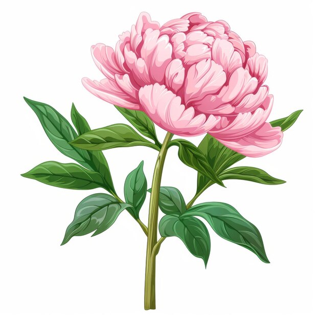 Beautiful detailed illustration of a pink peony flower with green leaves on a white background