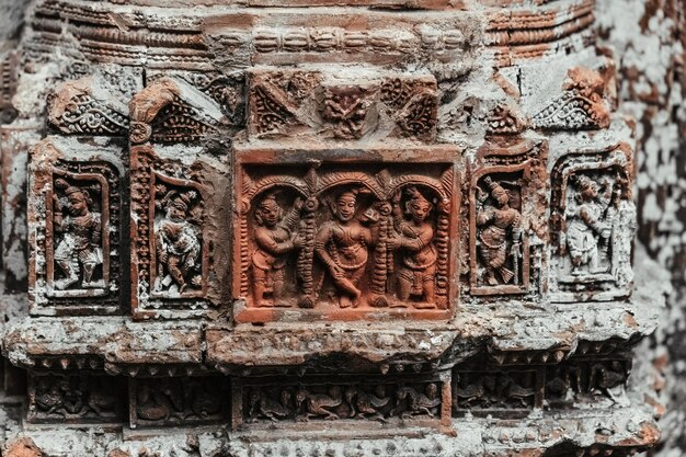 Photo beautiful details and bas reliefs of ancient hindu pancharatna temple of the five jewels bangladesh