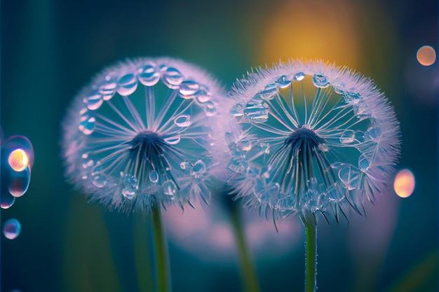 Beautiful dew drops on a dandelion seed macro Beautiful soft light blue and violet background AI Generated