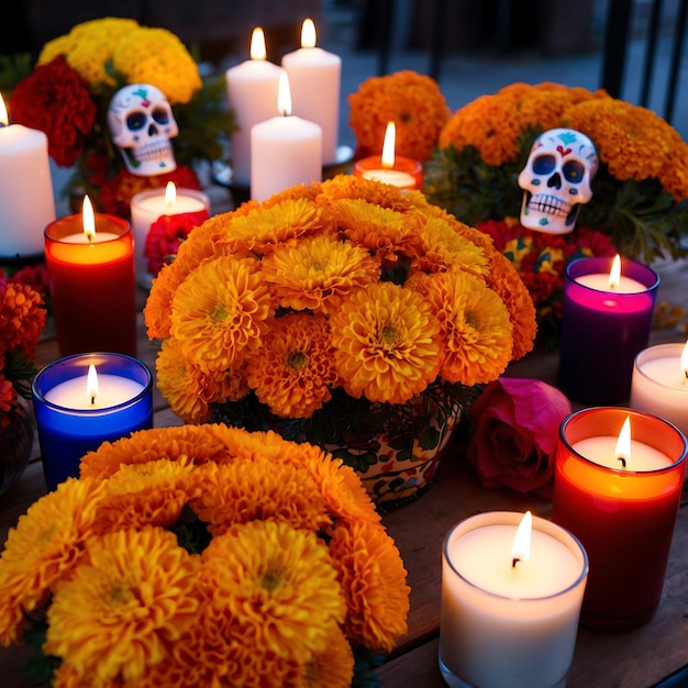 Photo beautiful dia de muertos sugar skulls and marigolds