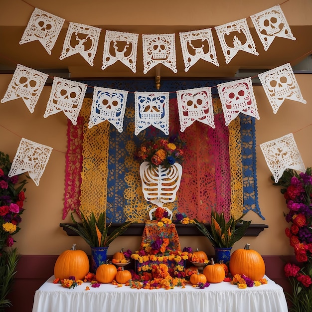 Photo beautiful dia de muertos sugar skulls and marigolds