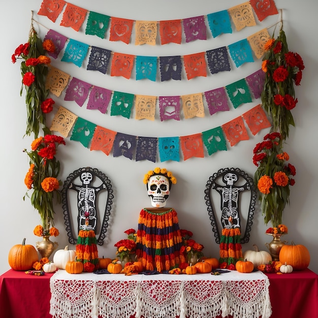 Photo beautiful dia de muertos sugar skulls and marigolds