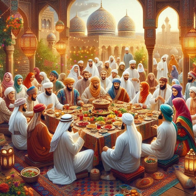 A beautiful digital art illustration celebrating Eid AlAdha featuring a traditional scene