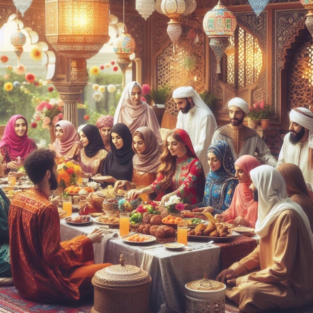 A beautiful digital art illustration celebrating Eid AlAdha featuring a traditional scene