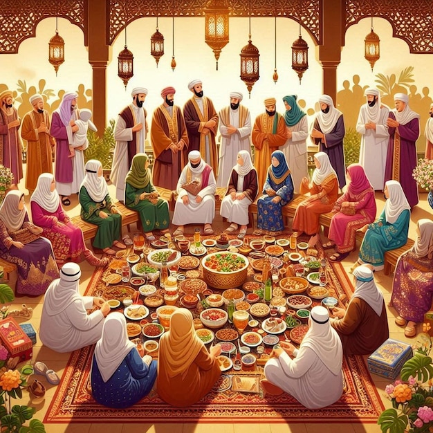 A beautiful digital art illustration celebrating Eid AlAdha featuring a traditional scene