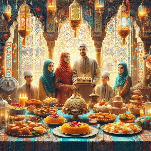 A beautiful digital artwork of families celebrating Eid AlAdha with traditional decorations