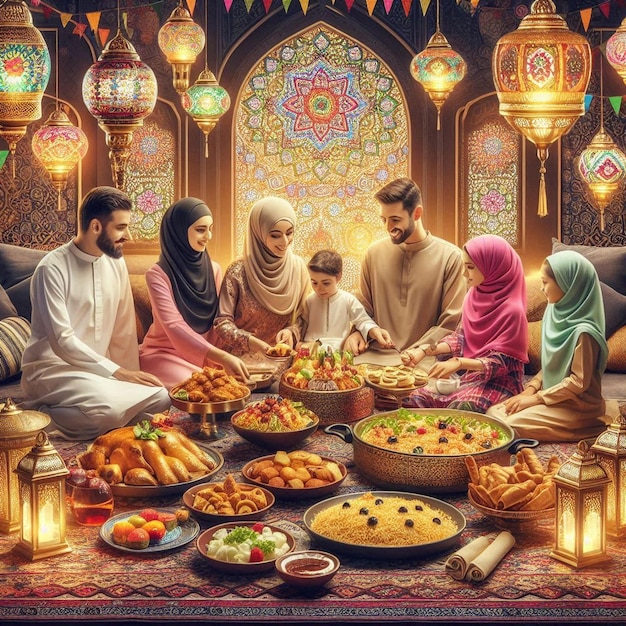 A beautiful digital artwork of families celebrating Eid AlAdha with traditional decorations