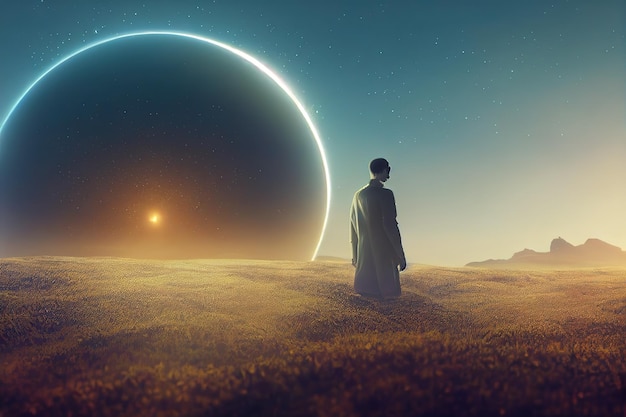 A Beautiful digital artwork portrait of a futuristic man standing in a field looking at the planet with giant rings Scifi scene digital art style digital painting