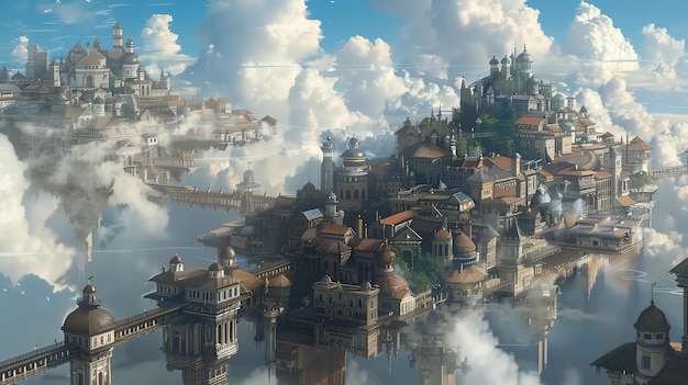 A beautiful digital painting of a floating city The city is built on a series of platforms that are connected by bridges and walkways