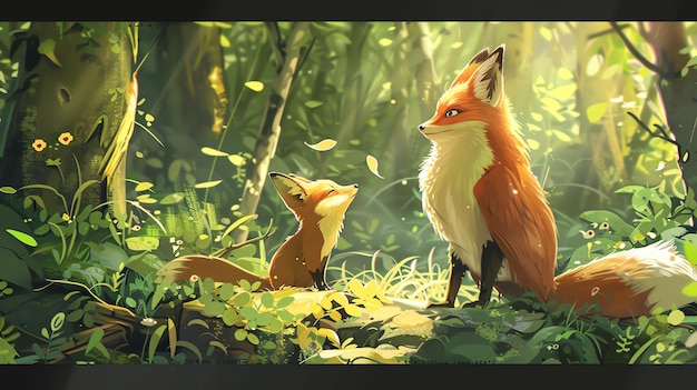 A beautiful digital painting of a fox and her kit in a lush forest