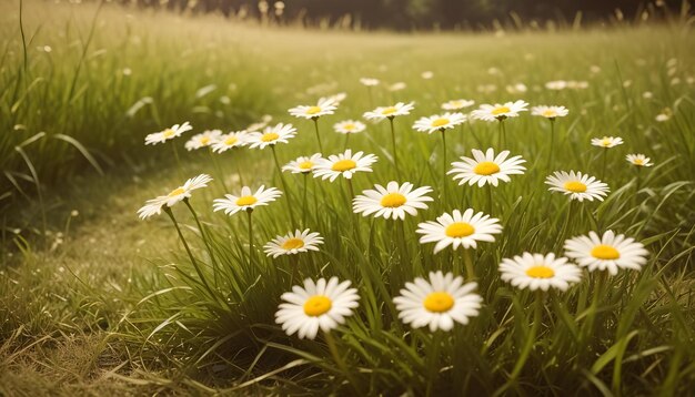 Photo a beautiful display of daisy flowers arranged neatly in a line across vibrant green grass