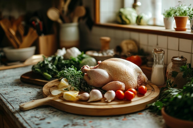 Photo a beautiful display of fresh ingredients on a wooden board colorful vegetables and a whole chicken ready for cooking capturing the essence of home cuisine generative ai