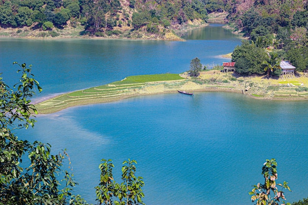 Beautiful distance shot of lake with blue water