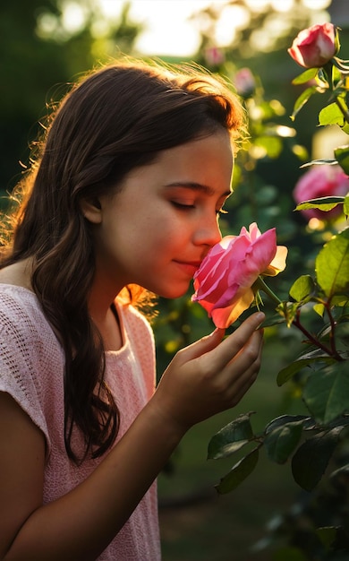 A beautiful diverse girl smelling pink rose in a garden in the morning light or at sunset