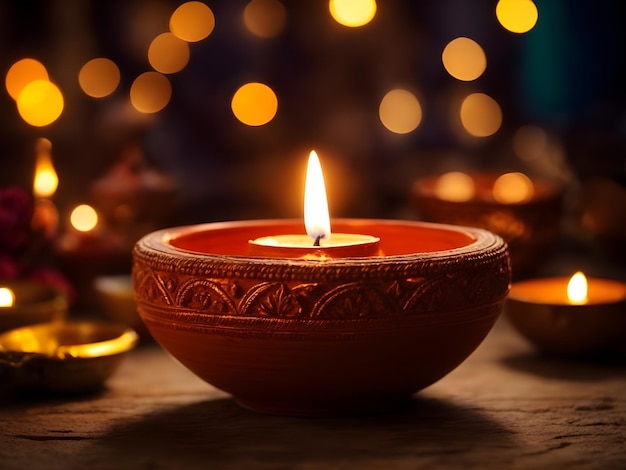 Beautiful diwali diya with burning candles on dark background