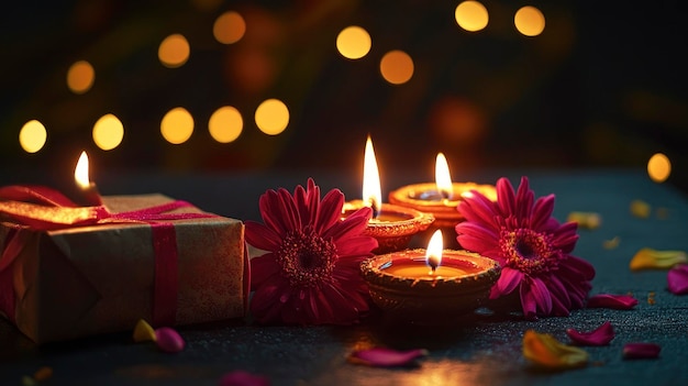 Beautiful diwali diyas with gift and flowers Happy Diwali festive atmosphere place for text