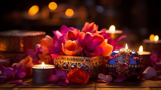 Beautiful diwali diyas with gift and flowers Happy