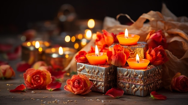 Beautiful diwali diyas with gift and flowers Happy