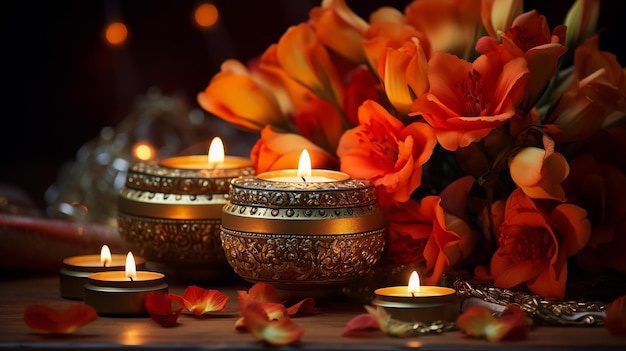 Beautiful diwali diyas with gift and flowers Happy