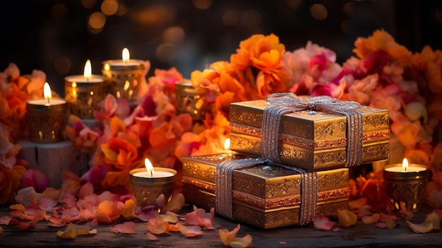 Beautiful diwali diyas with gift and flowers Happy