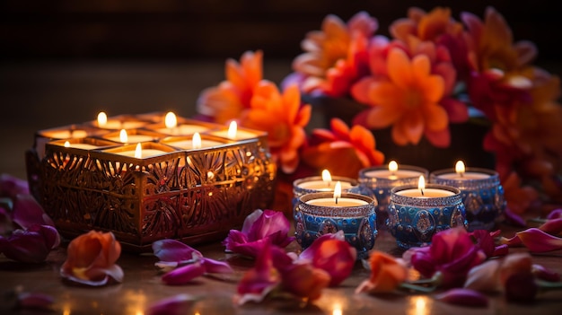 Beautiful diwali diyas with gift and flowers Happy