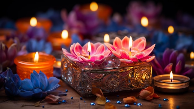 Beautiful diwali diyas with gift and flowers Happy