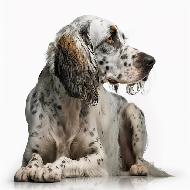 Beautiful dog breed English Setter portrait isolated on white closeup lovely home pet