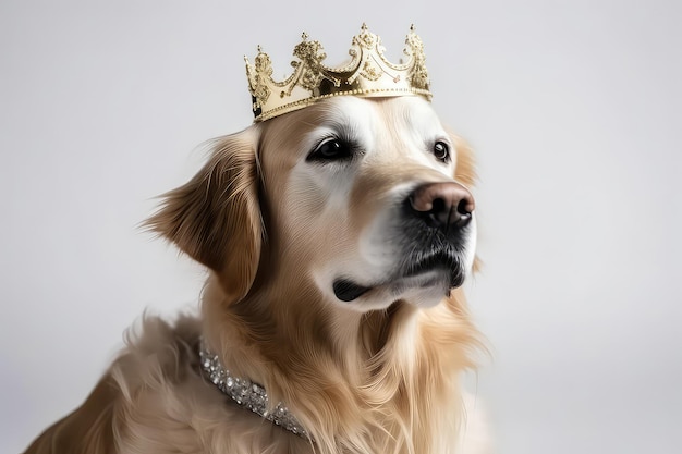 Beautiful Dog In Gold Crown On White Background Generative AI