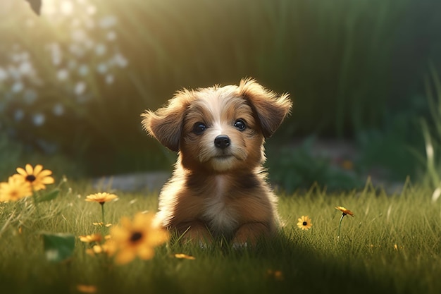 Beautiful dog portrait on green grass and blooming flowers