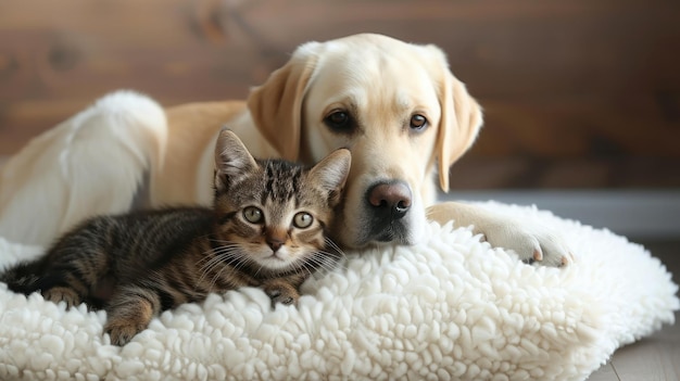 Beautiful dog and a small cat are sitting on a soft white pillow A kitten and a puppy together at home Cozy home concept