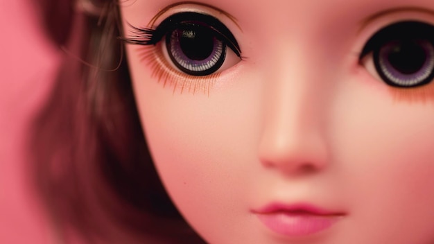 Beautiful doll Close up Portrait of attractive toy's face with big eyes