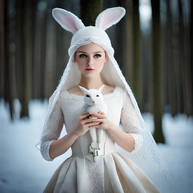 beautiful doll setting in a forest with white hare