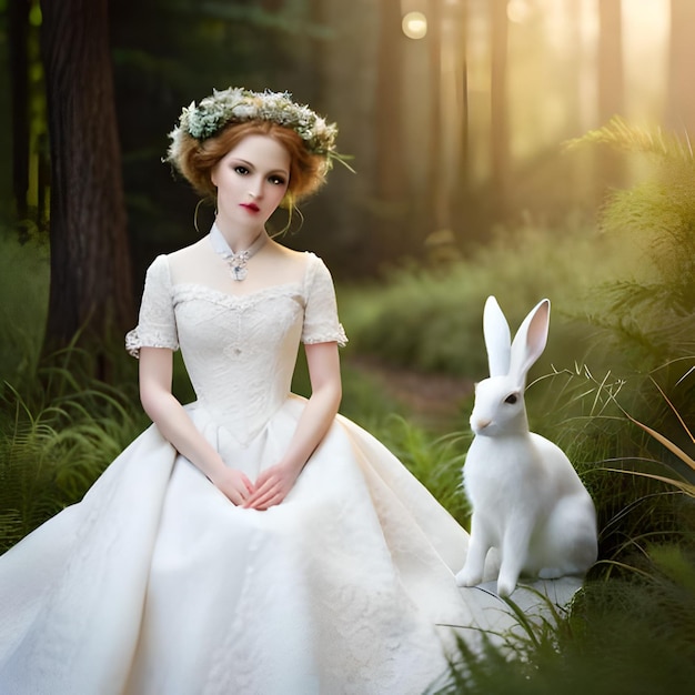 beautiful doll setting in a forest with white hare