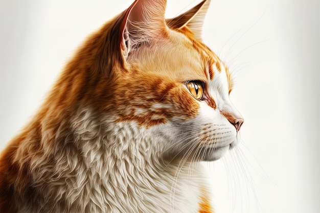 Beautiful domestic ginger cat in close up sitting on a white surface