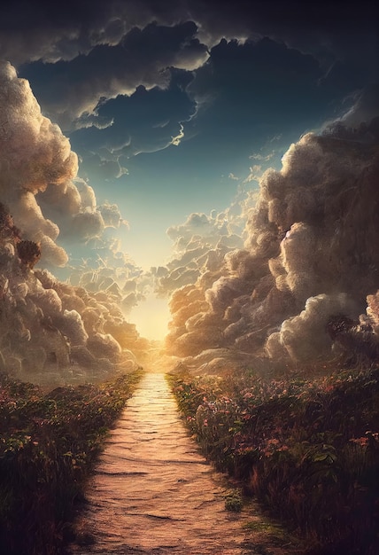 Beautiful dramatic mysterious landscape with spiritual pathway to heaven Digital 3D illustration