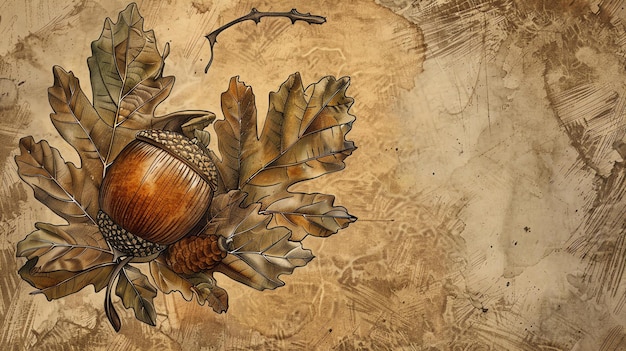 Photo a beautiful drawing of an acorn with detailed leaves the image has a vintage feel and would be perfect for a book cover or wall art