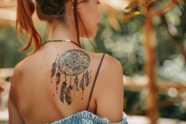 A beautiful dreamcatcher tattoo on a woman39s back in a serene outdoor setting