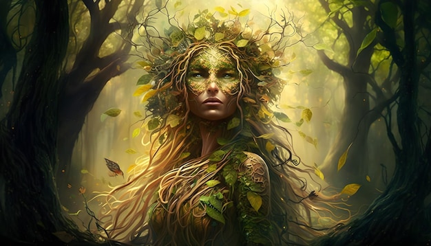 Beautiful dryad goddess in forest dryad goddess merging with a magical forest generative ai