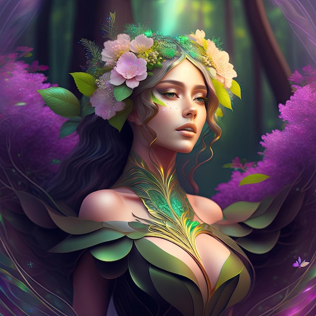 Beautiful dryad goddess in forest Forest nymph fairy from fairyland Made with generative AI