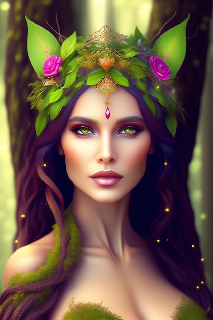 Beautiful dryad goddess in forest Forest nymph fairy from fairyland Made with generative AI