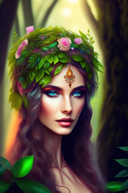 Beautiful dryad goddess in forest Forest nymph fairy from fairyland Made with generative AI