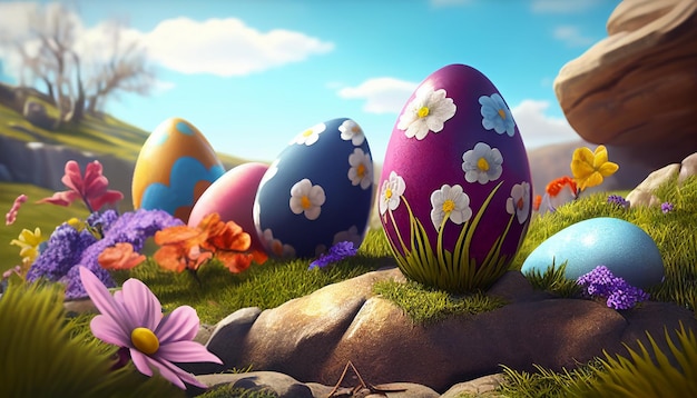 Beautiful easter background with colorful easter eggs in grass on a sunny day Generative AI