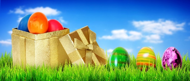 Beautiful Easter background with colorful Easter eggs