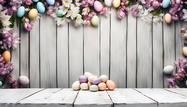 beautiful Easter background with an empty white wooden table