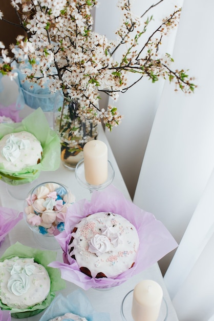 Beautiful Easter cakes on a decorated light table