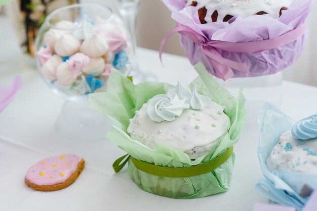 Beautiful Easter cakes on a decorated light table