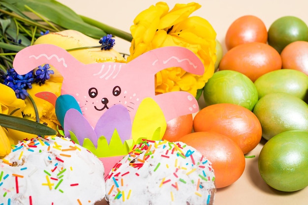 Beautiful Easter card with rabbit paper craft eggs and cakes