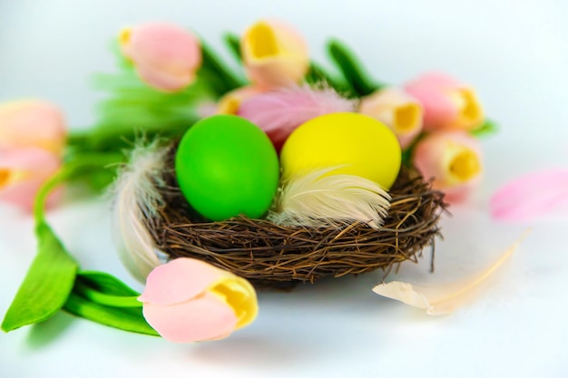 Beautiful Easter decor on a white background Selective focus holiday